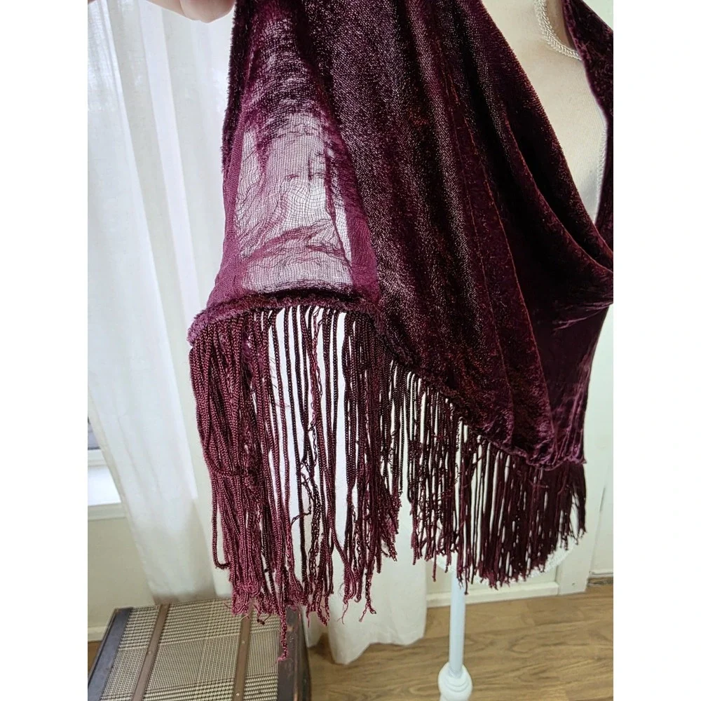 Y2K V-Shape Scarf Wrap Top Velvet Burgundy Tassel Floral